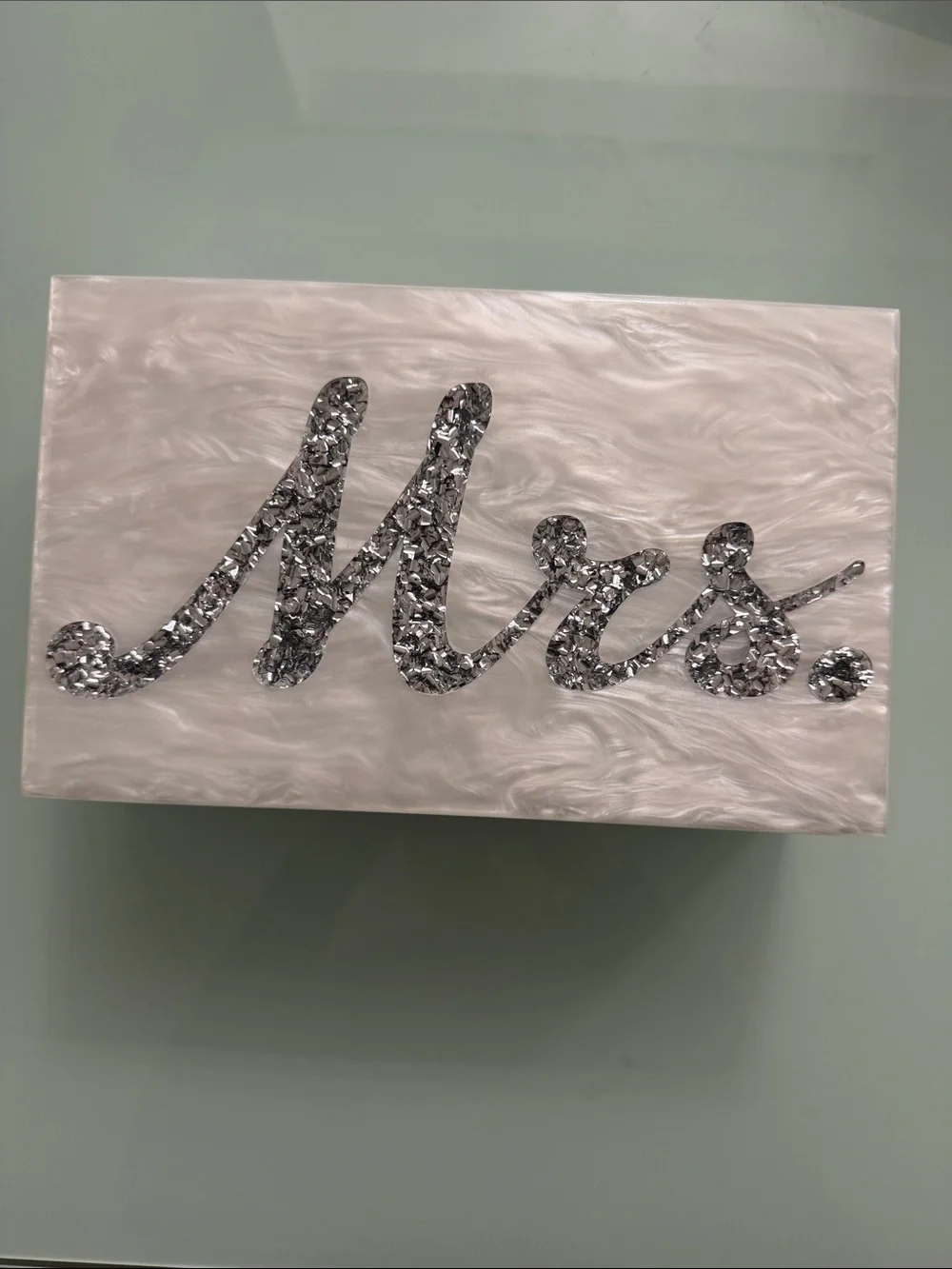 Edie Parker Pearl White Acrylic Cosmetic Case with Silver 'Mrs.' Script